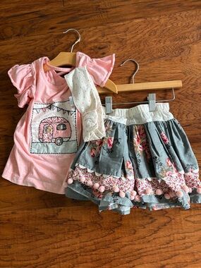 Mustard Pie Pink Top with Gray Floral Skirt Set With Matching Headband